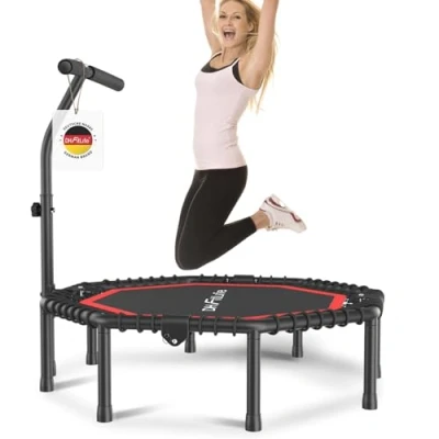 Image de DH FitLife Trampoline de fitness pliable silencieux avec corde en caoutchouc sans installation 45 pouces 115 cm pour l&#039;intérieur et l&#039;extérieur 3 niveaux poignée réglables