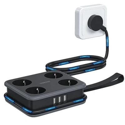 Image de Multiprise Electrique USB 4 Prises avec 3 A NTONPOWER 2500W Prise Multiple Sécurité Enfants Power Strip 1,6 Mètre de Montage Mural Support et viss, Noir