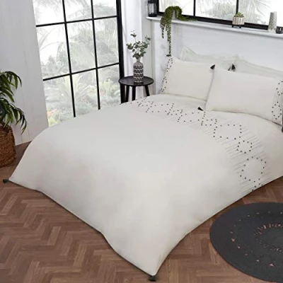 Image de Sleepdown Parure de lit Luxe bohème avec Housse Couette et taies d&#039;oreiller uni Facile d&#039;entretien, Douce Confortable Double (200 x 200 cm), Polycoton, Blanc/Noir, Full