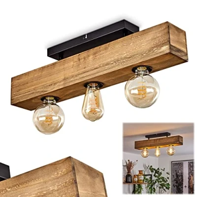 Image de hofstein Plafonnier Berat, lampe modern en métal noir et bois foncé, luminaire idéal dans un séjour modern, 3xE27, ampoule(s) non incluse(s)