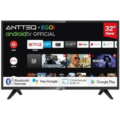Image de Antteq AG32H3 TV 32 Pouces(80cm) Smart TV, Andriod LED HD,Bluetooth Vocie Assistance, Triple Tuner(DVB C/S2/ T2),Apps Store, DAZN/Netflix/Prime Video/Youtube,WiFi