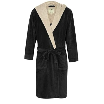 Image de Robe de Chambre en Polaire Doux à Capuche, Noir et Gris Clair, M