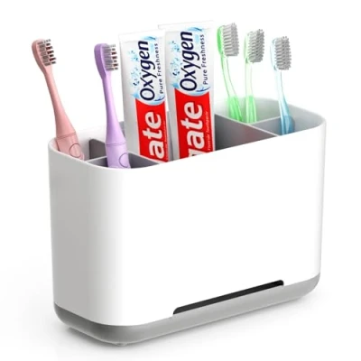 Image de GlasFlength Porte Brosse à Dents Amovible, Support a Dent Electrique brosses avec 2 Compartiments et Trous de Drainage Stand Dentifrice Antidérapant Range (Gris)