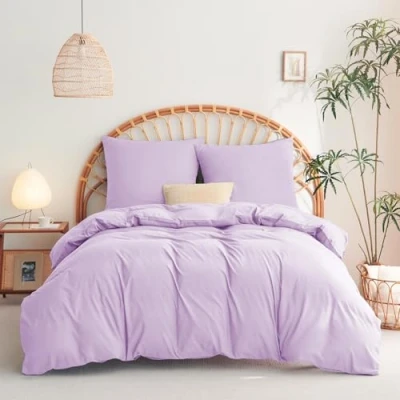 Image de WAVVE Parure de lit, 3 pièces, Housse Couette 155 x 220 cm et 2 taies d&#039;oreiller 80 cm, en Microfibre, avec Fermeture éclair, Douce Infroissable, Violet Clair