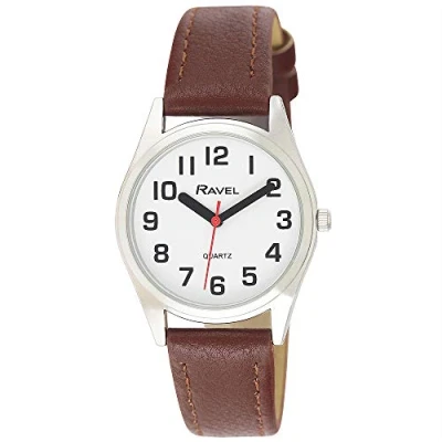 Image de Ravel Montre Unisexe à Bracelet d&#039;aide la Vue avec de Gros Chiffres Cadran Blanc/Ton Argenté/Marron