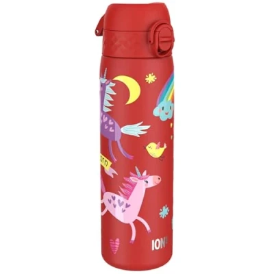 Image de ION8 Gourde Inox, 600ml, Anti Fuite, Facile à Ouvrir, Verrouillage Sécurisé, Lavable au Lave Vaisselle, Poignée de Transport, Durable, Acier Inoxydable, Motif 3D Licornes Rouge