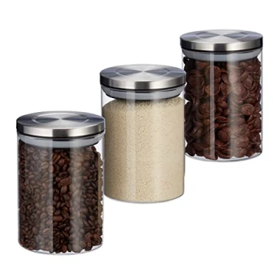 Image de Relaxdays 10027997 Pots de Stockage Jeu 3, 600 ML, étanche, Couvercle Acier INOX, Epices, Riz et thé, Bocal Transparent
