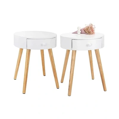 Image de WOLTU Lot de 2 Tables Chevet Ronde, Table Basse avec tiroir Rangement Nuit Plateau en MDF Pied Bois Pin, 38x38x48cm, Design Moderne pour Chambre Salon, Blanc, TS51ws