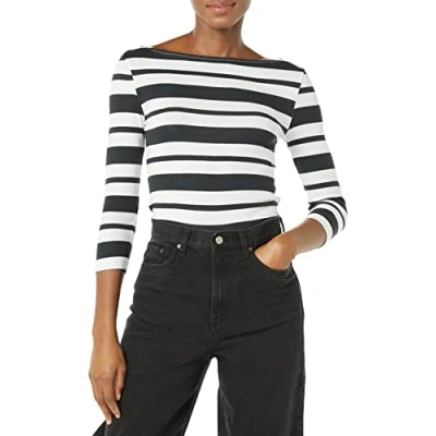 Image de Amazon Essentials T Shirt Col Bateau Uni Coupe Ajustée à Manches 3/4 Femme, Noir Blanc Motif Bandes, XL