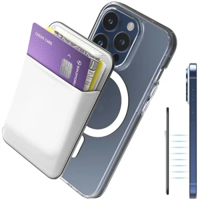 Image de Sinjimoru [2022 Updated] iPhone 14 Basic Magnetic Wallet for Apple Magsafe, Stretchy Fabric Cell Phone Card Holder Back of 12, 13 &amp; Series. M (White)