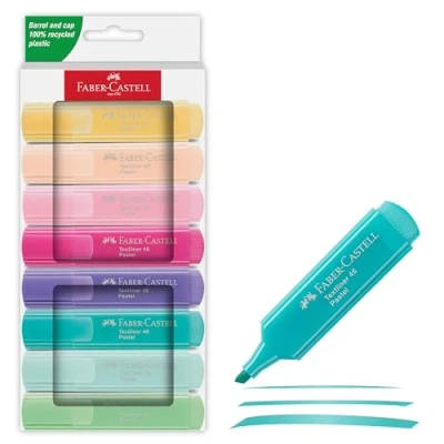Image de Faber Castell 254658 Surligneur Set 46, 8 surligneurs pastels à pointe biseautée longue durée, largeur de trait 1 5 mm, rechargeable