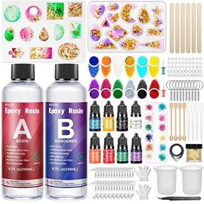 Image de AOLLEN Resine Epoxy Transparente 2 parties 400ml, Kit Résine Complet, avec Moule Epoxy, Colorant Paillettes, Feuille d&#039;or, pour Fabrication de Bijoux, Collier, Porte clés