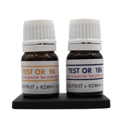 Image de KD89 Assortiment de réactifs/solutions pour tester l&#039;or 9 et 18 carats Avec pierre touche naturelle notice multi langues Expertise bijoux, pièces, lingotins Spatule