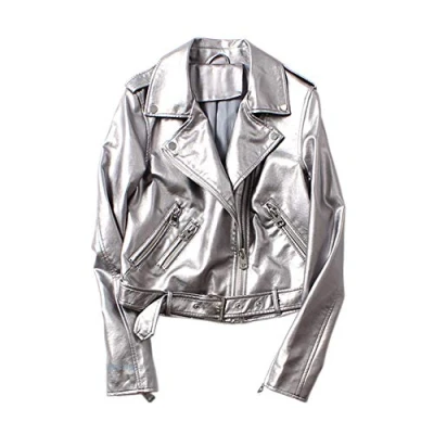Image de Femmes Veste en Simili Cuir Zipper Manteau Court Blazer à Manches Longues,Argent,M