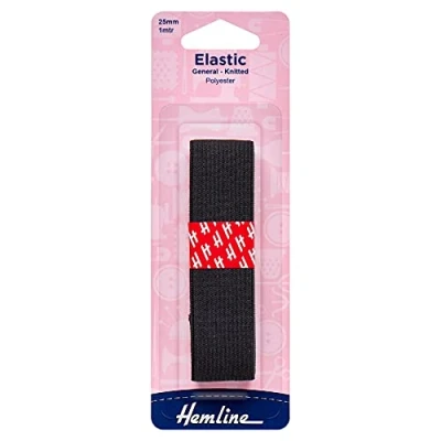 Image de Hemline Élastique tricoté à Usage général 25 mm x 1 m Noir pour vêtements de Sport, survêtements et en Polyester Doux Extensible Une Utilisation Polyvalente