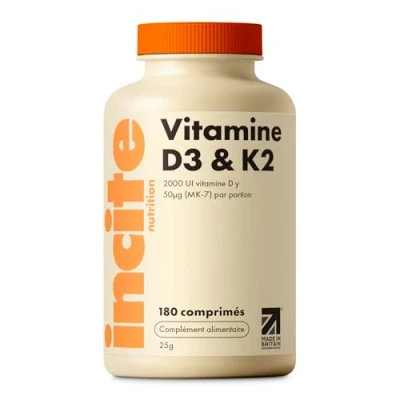 Image de Incite Nutrition Vitamine D3 2000 UI + K2 (MK7) 100 µg 180 Comprimés Végétariens de Qualité 12 Mois d&#039;Approvisionnement Haute Concentration Fabriqué au Royaume Uni