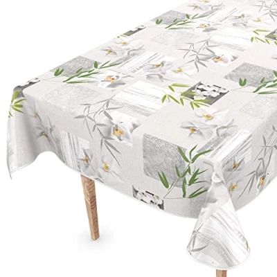 Image de Nappe en toile cirée lavable, avec ourlet, motif orchidée, spa, facile d&#039;entretien, 240 x 140 cm
