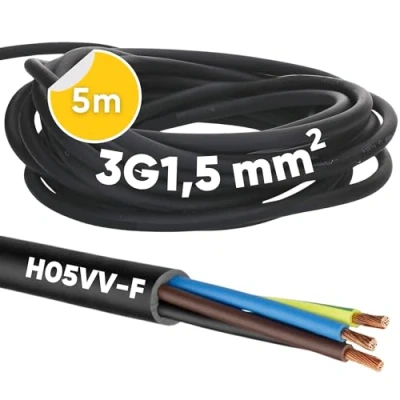 Image de Kalitec H05VV F Câble d&#039;alimentation 3 x 1,5 mm² Avec conducteur de protection en PVC pour l&#039;intérieur Noir lampe flexible d&#039;appareil fils