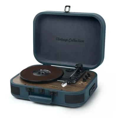 Image de Muse MT 201 OB Plateau stéréo 3 Vitesses 33/45/78 TR/Min Récepteur Bluetooth Port USB pour Lecture et décodage Lecteur de Cartes SD Entrée auxiliaire Mini Jack Bleu/Bois