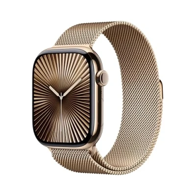 Image de Apple Watch Series 10 (GPS + Cellular 46 mm) Smartwatch mit Titangehäuse in Gold und Milanaise Armband (M/L). Fitnesstracker, EKG App, Always on Retina Display, Wasserschutz