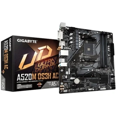Image de GIGABYTE A520M DS3H AC Carte Mère Processeurs AMD Ryzen 5000 Series, VRM 5+3 Phases, jusqu&#039;à 4733 MHz DDR5 (OC), 1xPCIe 3.0 M.2, LAN GbE, WiFi 5, USB 3.2 Gen 1