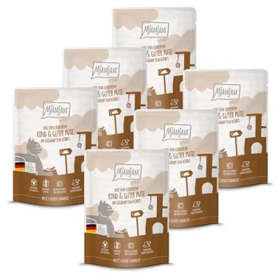 Image de MjAMjAM Nourriture humide premium pour chats Quetschie DUO de bœuf délicieux et dinde savoureuse accompagné courge à l’étuvée, pack 6 (6 x 300g), sans céréales avec un supplément viande