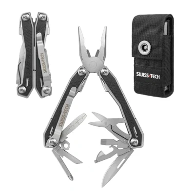 Image de Swiss+Tech Pince Multifonction en Acier Inoxydable 16 1, Couteau avec Structure Autoverrouillée, Multitool Tournevis Ouvre Bouteille pour Camping, Extérieur, Randonnée, Réparation