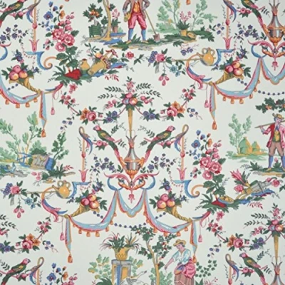 Image de Textiles français Tissu de Coton imprimé Toile Jouy la Vie à Campagne Multicolore (Fond: Blanc Crème) Largeur: 280 cm (par Mètre Linéaire)*