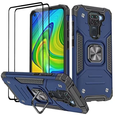 Image de KANSi Coque Compatible pour Xiaomi Redmi Note 9, Verre Trempé [2 Pièces] Housse TPU Silicone Rotation 360 Aimant Anneau Support Double Défense Protection Etui 9 Bleu