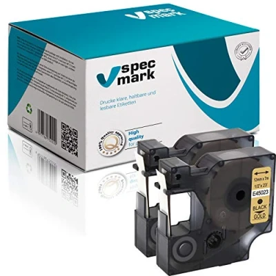Image de specmark Lot de 2 rubans encreurs compatibles avec DYMO D1 45023 12 mm x 7 m Noir sur or Compatible LM Label Manager LP Point LW Writer DUO