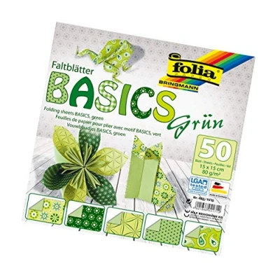 Image de Folia feuilles pour pliage Basics, 80 g/m², 50 assorties, avec 5 motifs différents, vert, 15 x cm
