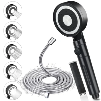Image de Pommeau de Douche Haute Pression, avec Tuyau 2m en Acier Inoxydable 304, Économie d&#039;Eau Anti Calcaire, Douchette Filtrant 5 Modes Jet, Chrome, Noir