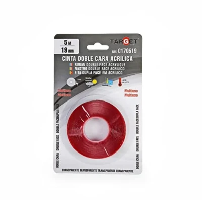Image de TARGET C170519 Ruban Double Face 5 Mètres x 19 Millimètres Acrylique Métal Bois Verre Plastique Multi usage Transparent Adhésif
