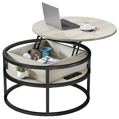 Image de YITAHOME CT41 Table Basse avec Plateau relevable, Métal, Bois, Fer, Chêne Blanc, 80x80x47cm