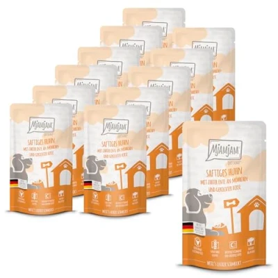 Image de MjAMjAM Nourriture humide premium pour chiens Quetschie viande de poulet juteuse et canard tendre accompagnée carottes millet cuit, pack 12 (12 x 125g)