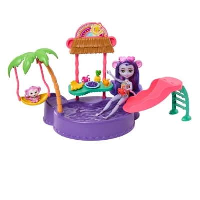 Image de Enchantimals Coffret Piscine En Forme De Singe Avec Poupée 15,3 Cm, Figurine Animal, Toboggan, Balançoire, +12 Pièces Jeu, Jouet Enfant, A Partir 4 Ans, HTW73
