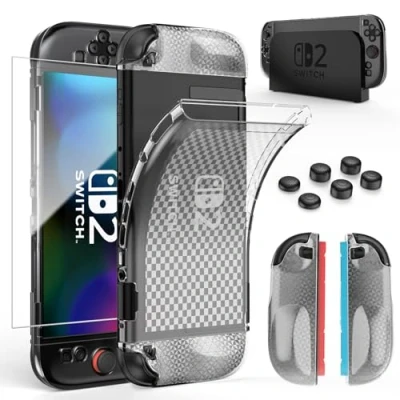 Image de HEYSTOP Coque pour Nintendo Switch 2 Dockable de Protection Transparente en TPU Souple avec D&#039;écran Verre Trempé et 6 Capuchons Joysticks