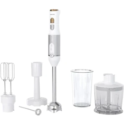 Image de Sencor Mixeur Plongeant Multifonction Ultra Puissant 6 en 1, 1200W, avec Fouet double, Hachoir &amp; Mousseur, Presse purée, Lames QuadBlade titane, Contrôle de Vitesse Continu, Design elegant Blanc