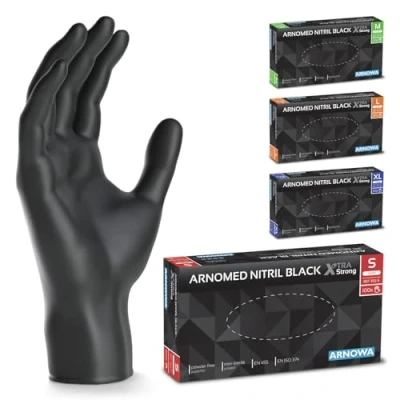 Image de ARNOMED Gants jetables Noir Extra Fort, nitrile taille S, 50% plus épais, 100 p./boîte, non poudrés, en mecanique sans latex, gant jetable tailles M, L &amp; XL