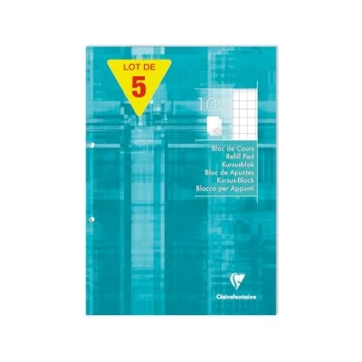 Image de Clairefontaine 5810C Lot de 5 Blocs Cours Encollés Perforés Turquoise A4 21x29,7 cm 200 Pages Quadrillées 10x10 avec Marge Papier Blanc 90 g Couverture Cartonnée Pelliculée