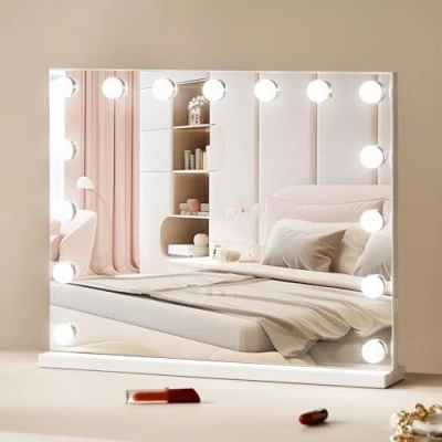 Image de VEVOR Miroir de Maquillage Hollywood avec 15 Ampoules LED Intensité Variable, 3 Modes Éclairage Couleur, Grossissant 5X Amovible, Port USB, Contrôle Tactile Intelligent, Support, 580x458 mm