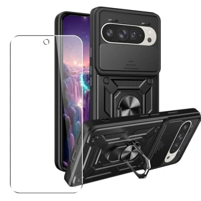Image de SDTEK Coque pour Google Pixel 9 Pro Housse Téléphone D&#039;objectif D&#039;appareil Photo, Support, Bague Magnétique Protecteur écran Verre (Noir)