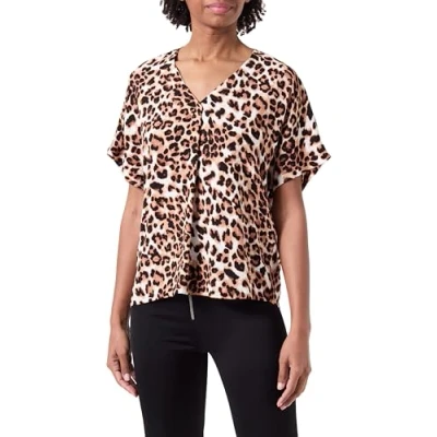 Image de VERO MODA Vmeasy Joy SS V Neck Top WVN GA Haut, Tan/AOP : léopard, M Femmes