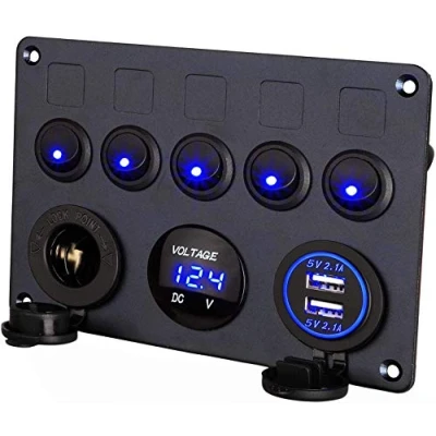 Image de Thlevel Interrupteur à Bascule d’allumage Marine 5 interrupteurs étanche avec voltmètre numérique 4,2 A Double Chargeur USB Prise Allume Cigare