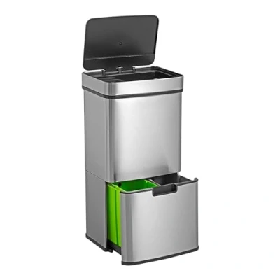 Image de WELL HOME Poubelle de recyclage 67L (42L + 25L) à 2 compartiments, ouverture automatique avec capteur, en acier inoxydable, chromé
