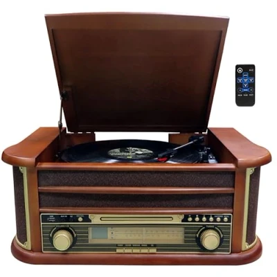 Image de nostalgie bois Musique Anlage Rétro stéréo compact Tourne disque Radio Lecteur CD USB Télécommande de lecture MP3 Encodage : Fonction enregistrement aux in integr Laus tprecher
