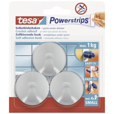 Image de tesa Powerstrips Crochets Amovibles ROND Fixation Extra Forte Crochet Adhésif pour Verre, Carrelage, Bois, Plastique et autres Surfaces Étanche Gris Tenue jusqu&#039;à 1 kg