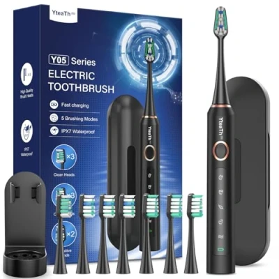 Image de Brosse À Dent Électrique Soniques pour Adultes et Enfants, Avec 8 Têtes de Drosse, 90 Jours D&#039;autonomie, 5 Modes, 50 000 VPM, Étui Voyage, Minuterie, Mat Noir