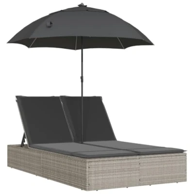 Image de vidaXL Chaise longue double avec coussins et parasol gris clair rotin, transat, lit de jour d&#039;extérieur, 368086