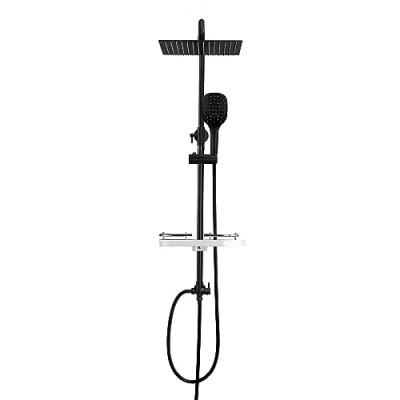 Image de Görbach Colonne de Douche Noir Inox Designe Douchette Salle Bain Réglable Hauteur Ensemble Murale Solide avec Étagère Set kit sans Robinet Pommeau 20 * 20cm